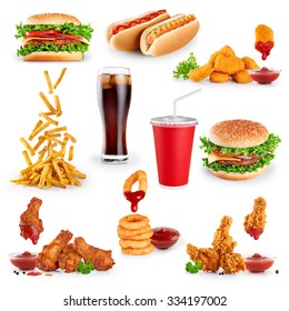 Fast Food Collection On White Background.