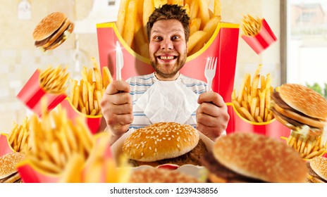 Fast Food Concept, Man And Burgers With Fries