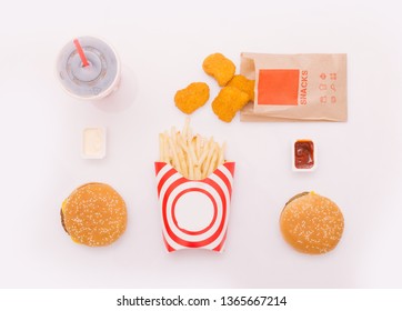 Fast food dish on the white background. Fast food set fried chicken and french fries. Take away fast food.