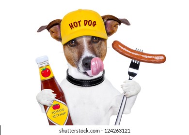 Fast Food Dog With Hot Dog And Ketchup Licking With Tongue