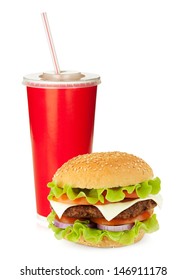 Fast Food Drink With Drinking Straw And Hamburger. Isolated On White Background