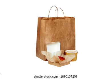 Fast Food Eco Packaging With Big Lunch Set Of Tasty Hamburger, Brown Paper Bag And Box On The Table Isolated On White Background