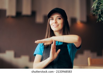 
Fast Food Employee Making A Break Time Gesture. Restaurant Worker Asking For No More Overtime Schedule 
