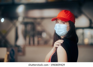 Fast Food Employee Wearing Face Mask Ready For Business Reopening. Female Employee In The Food Service Industry Back In Business After Vaccination
