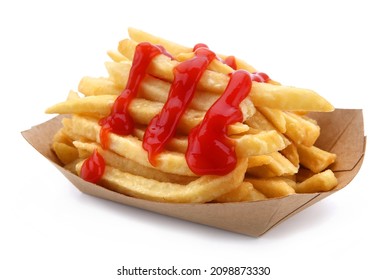 Fast Food, Golden Pile of French Fries with Ketchup in A Paper Box.