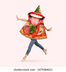 Fast food. Human body as a pizza's slice with big mouth running on coral background. Negative space to insert your text. Modern design. Contemporary art collage. Concept of nutrition, emotions, taste.