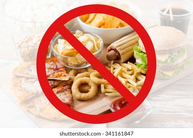 Fast Food, Low Carb Diet, Fattening And Unhealthy Eating Concept - Close Up Of Fast Food Snacks And Cola Drink On Wooden Table Behind No Symbol Or Circle-backslash Prohibition Sign