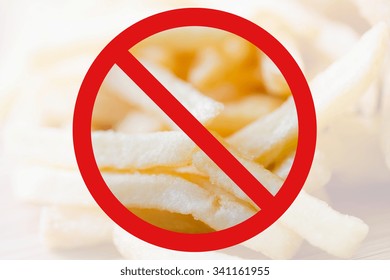 Fast Food, Low Carb Diet, Fattening And Unhealthy Eating Concept - Close Up Of French Fries Behind No Symbol Or Circle-backslash Prohibition Sign