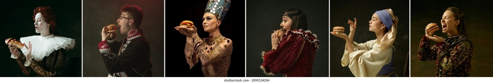 Fast food. Medieval women as a royalty persons from famous artworks in vintage clothing on dark background. Concept of comparison of eras, modernity and renaissance, baroque style. Creative collage. - Shutterstock ID 2090134204