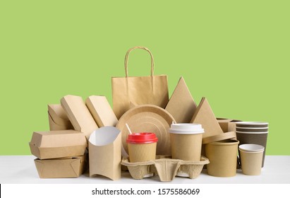 Fast Food Packaging From Eco Friendly Paper Isolated On Green.