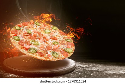 Fast Food Pizza On Fire. High Quality Fast Food Concept