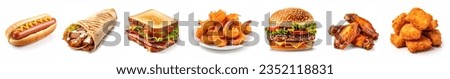 Fast food set. closeup of junk foods and various of fast food isolated on white background. hotdog, shawarma, sandwich, prawns, hamburger, chicken wings, chicken nuggets. Collection of fast foods. 