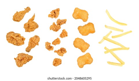 Fast food set of falling fried chicken, popcorn chicken, nuggets, french fries. isolated on white background.