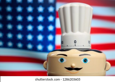 Fast Food Symbol. Kitchen Clock. National Pizza Day Concept. Italian Chef On  American Flag In Background. Food Delivery Restaurant Serving Cherry Pie, Cook Holiday Specialties. Menu Card Idea - Image