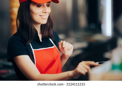 Fast Food Vendor Using The Cash Register. Happy Cashier Making An Order Registration And Billing At Checkout