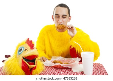 Fast Food Worker In Chicken Costume Takes A Break To Eat Dinner.  Isolated On White.