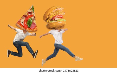 Fast food. Young caucasian people headed by pizza's slice and burgers or sandwiches running and jumping on orange background. Copyspace for your ad. Creative collage about nutrition.
