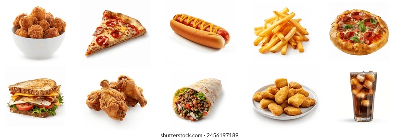 Fast foods, Junk foods and unhealthy cuisines set collection. Mega fast Food restaurant menu set, isolated on white background. Chicken popcorn, pizza slice, hotdog, pizza, fried chicken, cola, fries. - Powered by Shutterstock