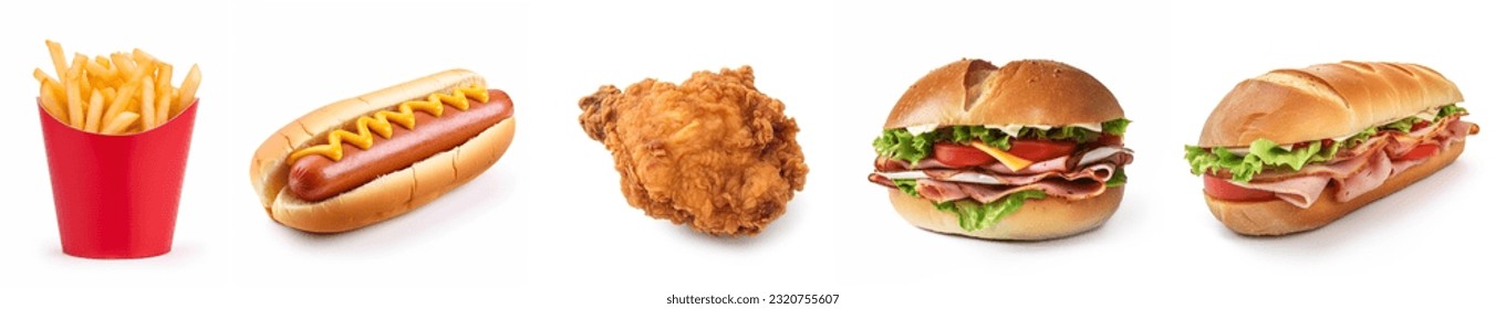 Fast foods set isolated on white background. French fries, hotdog, fried chicken, hamburger, subway sandwich, closeup isolated. Fast foods closeup photo.