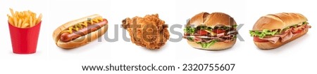 Fast foods set isolated on white background. French fries, hotdog, fried chicken, hamburger, subway sandwich, closeup isolated. Fast foods closeup photo.