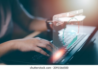 Fast Internet Connection With Metaverse Technology Concept, Hand Holding Smartphone And Virtual Screen Of Internet Speed Measurement,Internet And Technology Concept, 5G Hi Speed Internet Concept
