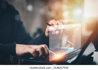 Fast internet connection with Metaverse technology concept, Hand holding smartphone and Virtual screen of Internet speed measurement,Internet and technology concept, 5G Hi speed internet concept - Shutterstock ID 2138257935