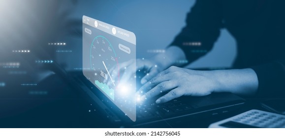 Fast Internet Connection With Metaverse Technology Concept, Hand Holding Smartphone And Virtual Screen Of Internet Speed Measurement,Internet And Technology Concept, 5G Hi Speed Internet Concept