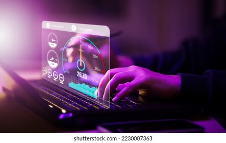 Fast internet connection with Metaverse technology concept, Hand holding smartphone and Virtual screen of Internet speed measurement,Internet and technology concept, 5G Hi speed internet concept - Shutterstock ID 2230007363