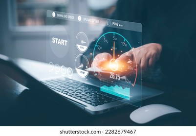 Fast internet connection with Metaverse technology concept, Programmer people working  laptop with Virtual screen of Internet speed measurement, Internet and technology concept, 6G High-speed internet - Powered by Shutterstock