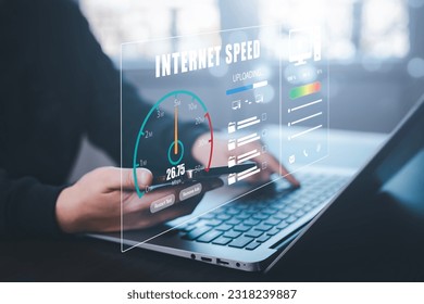 Fast internet connection with Metaverse technology concept, Programmer people working  laptop with Virtual screen of Internet speed measurement, Internet and technology concept, 6G High-speed internet - Powered by Shutterstock