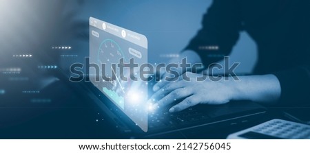 Fast internet connection with Metaverse technology concept, Hand holding smartphone and Virtual screen of Internet speed measurement,Internet and technology concept, 5G Hi speed internet concept