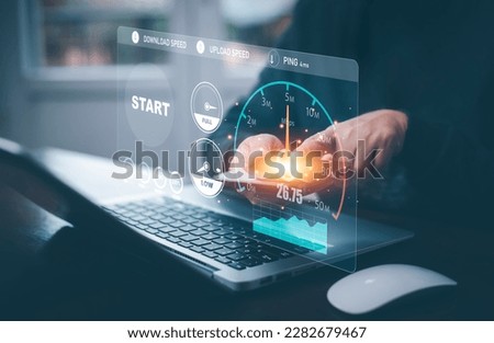 Fast internet connection with Metaverse technology concept, Programmer people working  laptop with Virtual screen of Internet speed measurement, Internet and technology concept, 6G High-speed internet