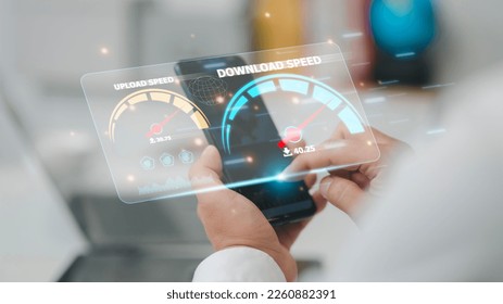 Fast internet connection speedtest bandwidth network technology, Man using Internet high speed by smartphone and laptop computer, 5G quality, speed optimization.