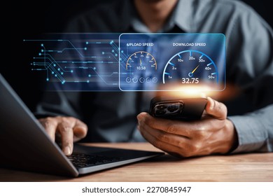 Fast internet connection speedtest bandwidth network technology, Man using Internet high speed by smartphone 5G quality, speed optimization.	
