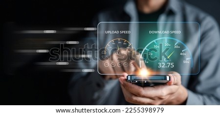 Fast internet connection speedtest bandwidth network technology, Man using Internet high speed by smartphone and laptop computer, 5G quality, speed optimization.