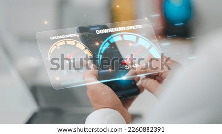Fast internet connection speedtest bandwidth network technology, Man using Internet high speed by smartphone and laptop computer, 5G quality, speed optimization.
