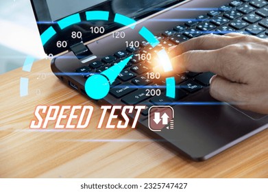 fast internet connection speedtest network bandwidth technology Man using high speed internet with smartphone and laptop computer. 5G quality, speed optimization.