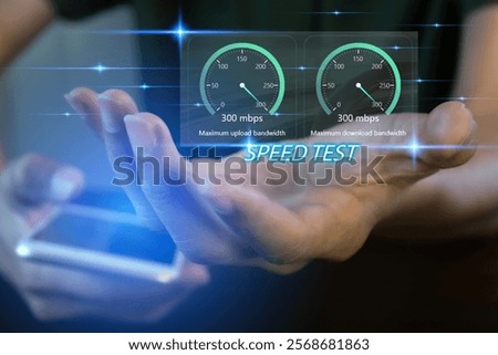 fast internet connection speedtest network bandwidth technology Man using high speed internet with smartphone and laptop computer. 5G quality, speed optimization.