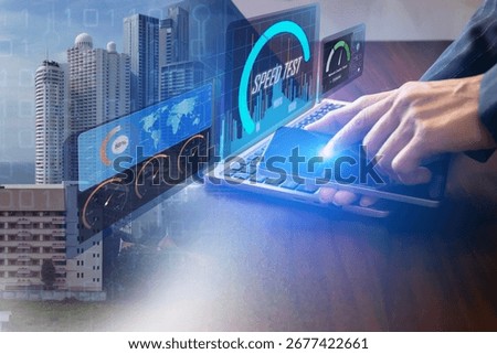 fast internet connection speedtest network bandwidth technology Man using high speed internet with smartphone and laptop computer. 5G quality, speed optimization.	