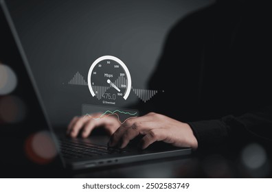 Fast internet speed test, bandwidth network connection. Man using laptop computer to check wireless networking or 5G cellular Mbps or Gbps speed quality. Wi-Fi 7 download or upload transfer rate. - Powered by Shutterstock