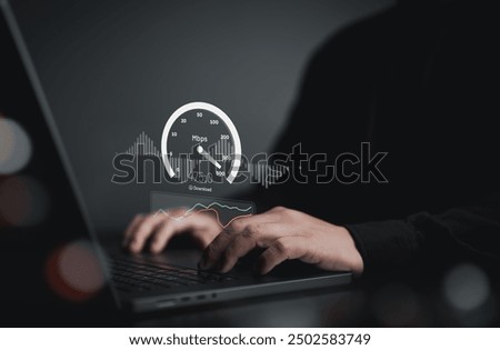 Fast internet speed test, bandwidth network connection. Man using laptop computer to check wireless networking or 5G cellular Mbps or Gbps speed quality. Wi-Fi 7 download or upload transfer rate.
