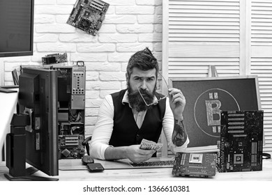 Fast mining server. Virtual or digital currency. Bitcoin miner man in server room. Bearded businessman with computer circuits and dollars. Bearded man bitcoiner. Crypto currency mining hardware.