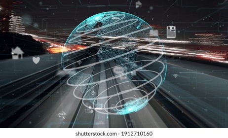 Fast motion digital data flow on road with global network graphic modernization showing concept of future digital transformation , disruptive innovation and agile business methodology .