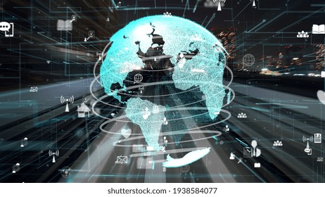 Fast motion digital data flow on road with global network graphic modernization showing concept of future digital transformation , disruptive innovation and agile business methodology .