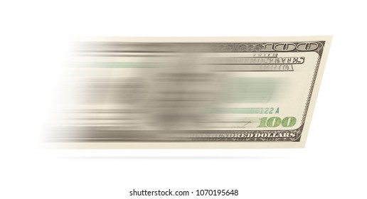 Fast Moving One Hundred Dollar Bill Isolated On White Background.