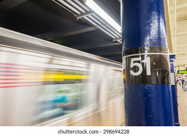 Fast Moving Train In New York Subway. 51st Street Station.