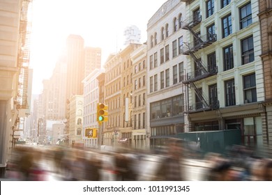 Fast Paced Motion Blur Of People Walking Down Broadway In SoHo Manhattan, New York City