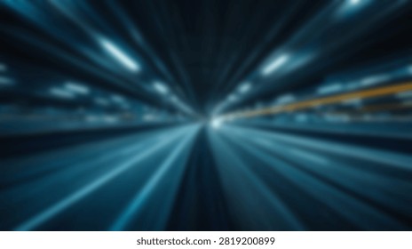 A fast perspective view through a dark tunnel with dramatic radial motion blur and glowing blue light trails