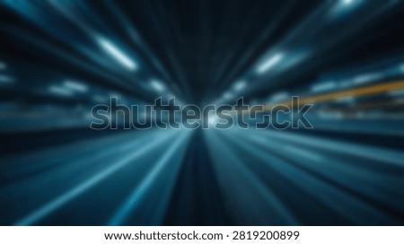 A fast perspective view through a dark tunnel with dramatic radial motion blur and glowing blue light trails