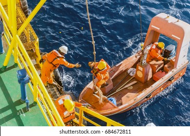 Fast Rescue Craft Or Dinghy Used During Emergency Drill For Construction Barge At Oil Field